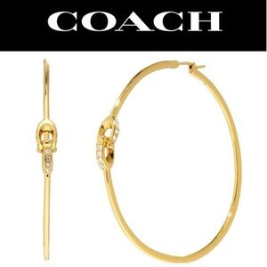 1BJ: COACH Signature “C” Brass & Crystal Hoop Earrings, EUC